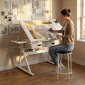 Height Adjustable Drafting Table Drawing Table Artist Desk Tilting Tabletop Art Craft Desk with 2 Storage Drawers and Stool, Art Craft Desk for Artist Painters Drawing Painting (All White)