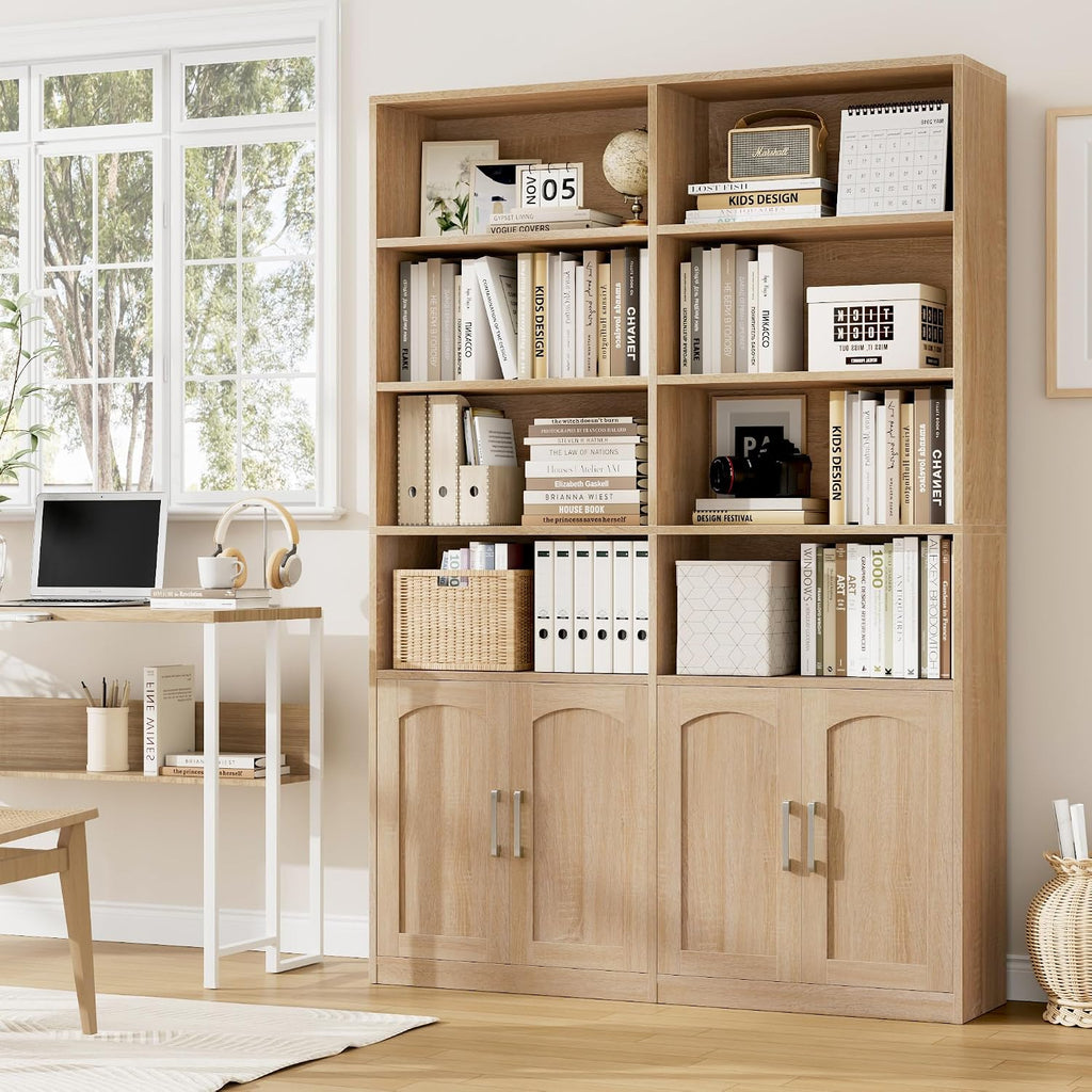 FACBOTALL Bookshelf and Bookcase with Doors, Double Wide Large Bookshelves
