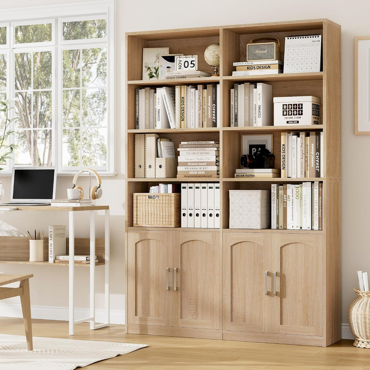 FACBOTALL Bookshelf and Bookcase with Doors, Double Wide Large Bookshelves