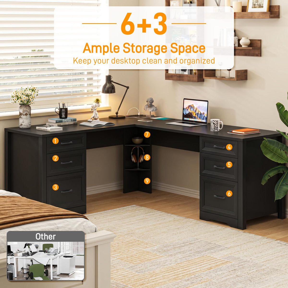 Halitaa Farmhouse Home Office Desk with 6 Drawers, L Shaped Executive Desk with Power Outlets and Triangle Under-Desk Storage Shelf & Drawer File Cabinet, Corner Computer Desk, Grey