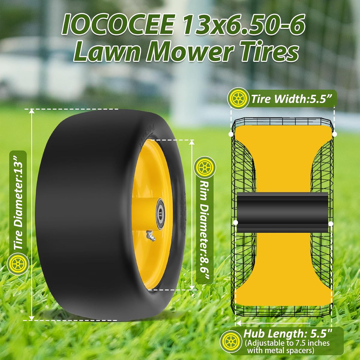 2 Pcs 13x6.50-6 Lawn Mower Tires Flat Free with 3/4" 1/2" 5/8" Bearings