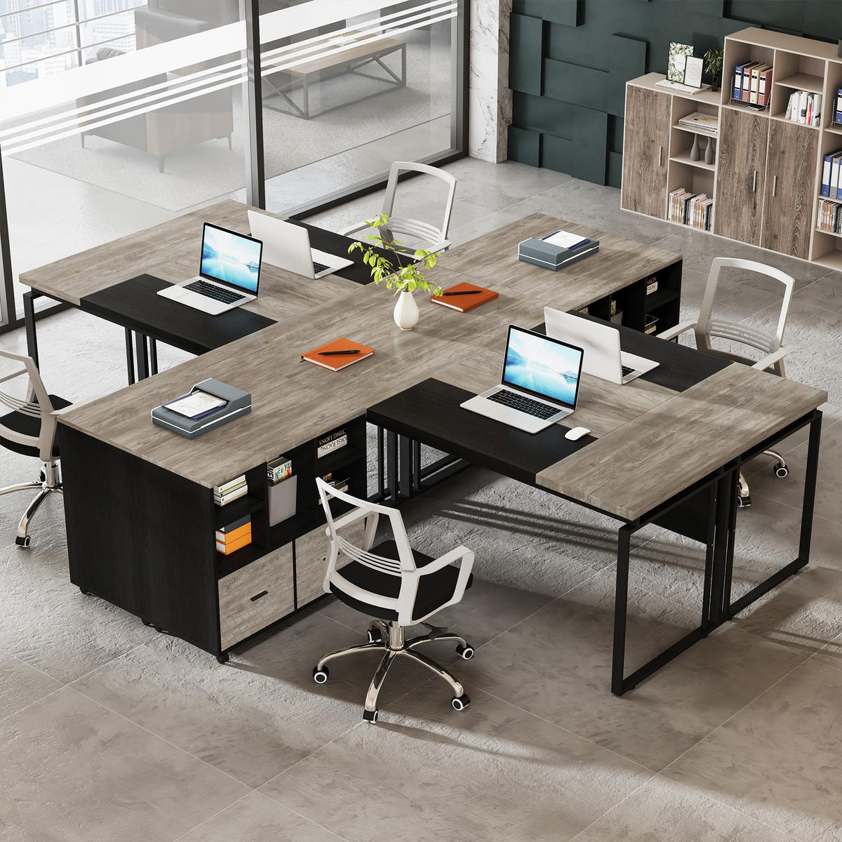 Tribesigns L-Shaped Executive Desk with Reversible File Cabinet, 63" Office Desk with Storage Drawers, Computer Desk Set (Oak Karo & White)