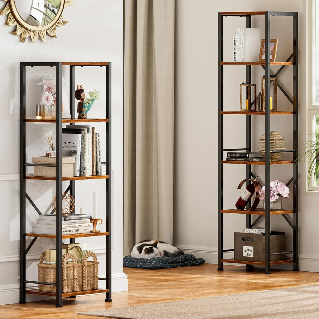 Furologee 5 Tier Book Shelf Set of 2, Tall Wide Bookshelf, Rustic Brown