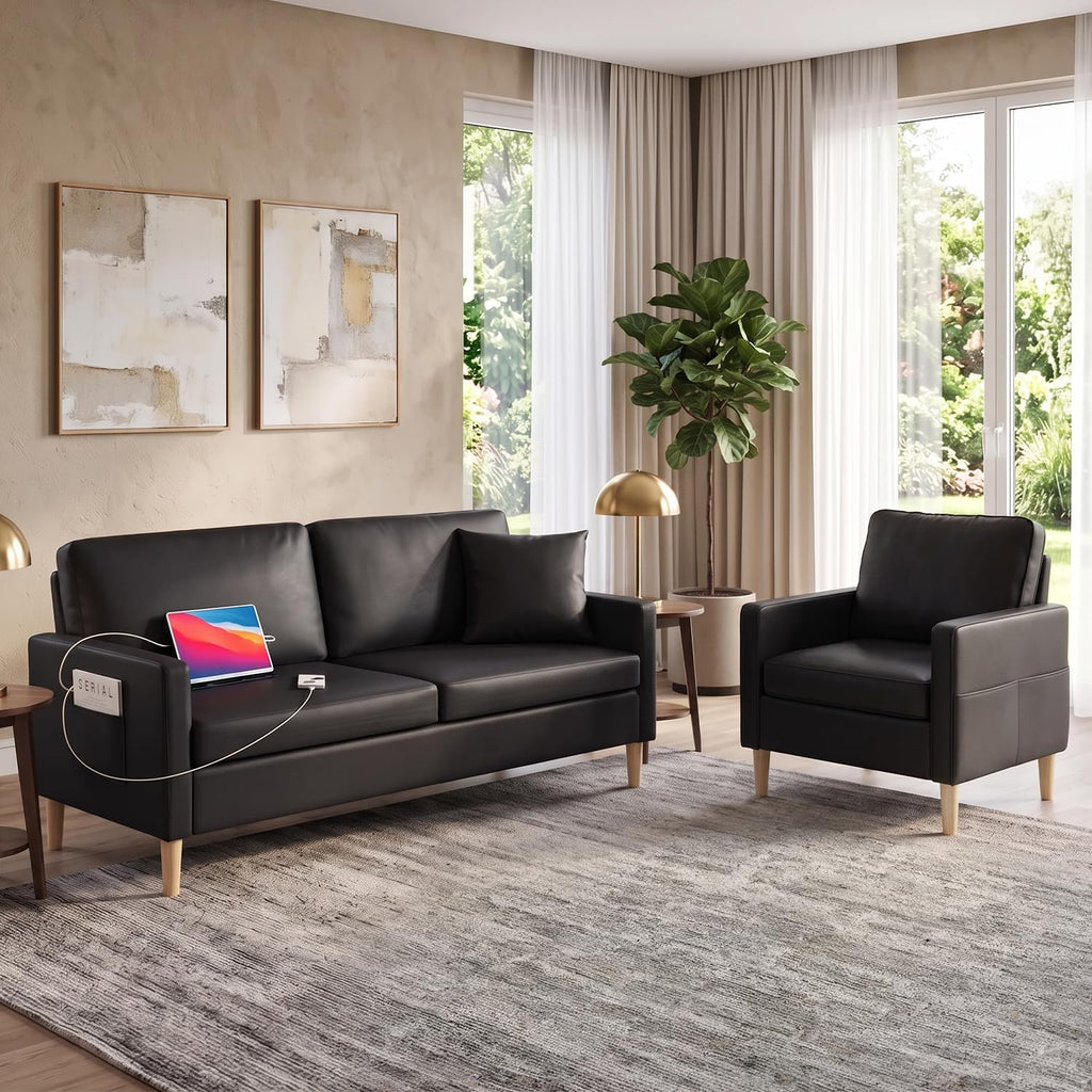 3 Piece Black Faux Leather Modern Small Couch and Chair Set for Office