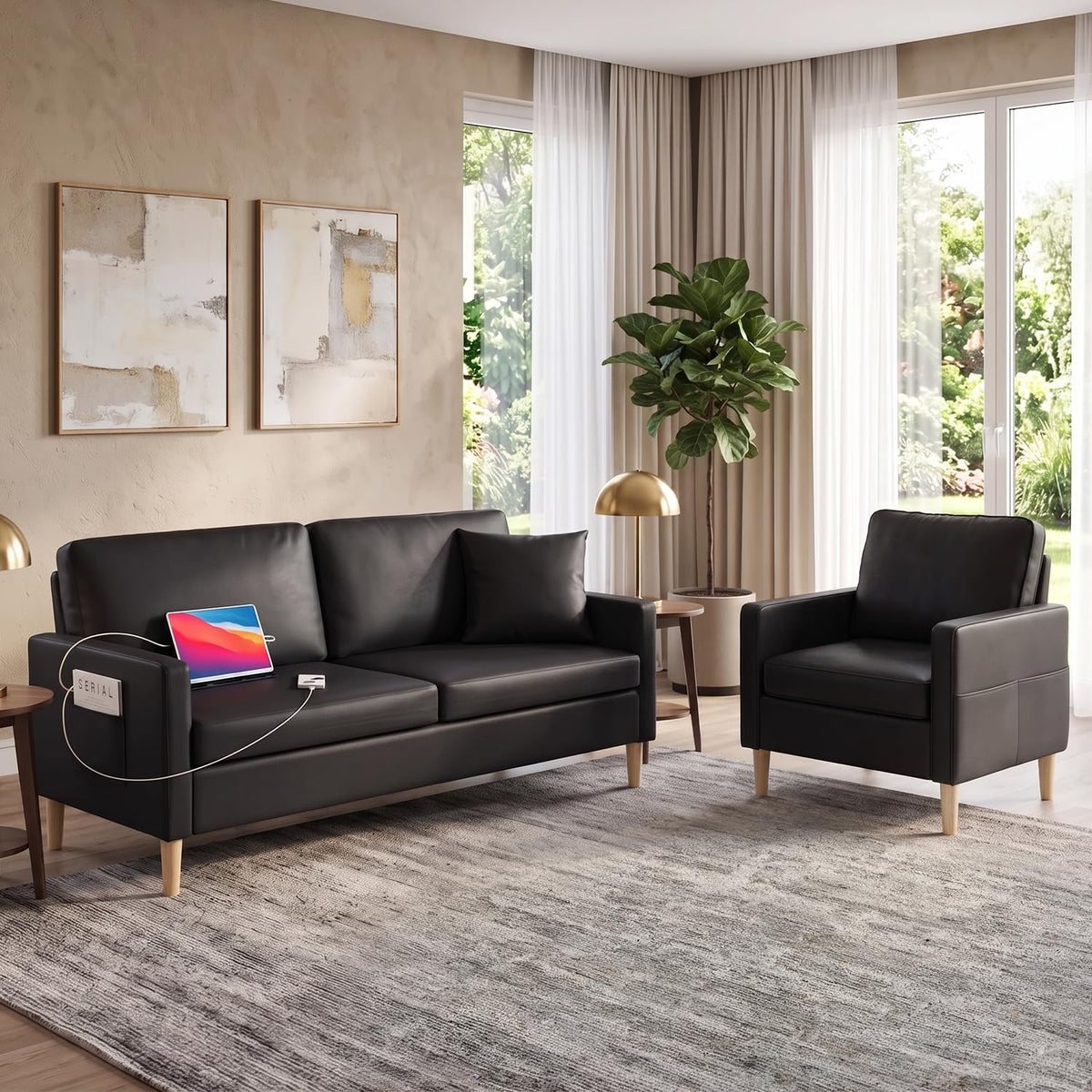 3 Piece Black Faux Leather Modern Small Couch and Chair Set for Office
