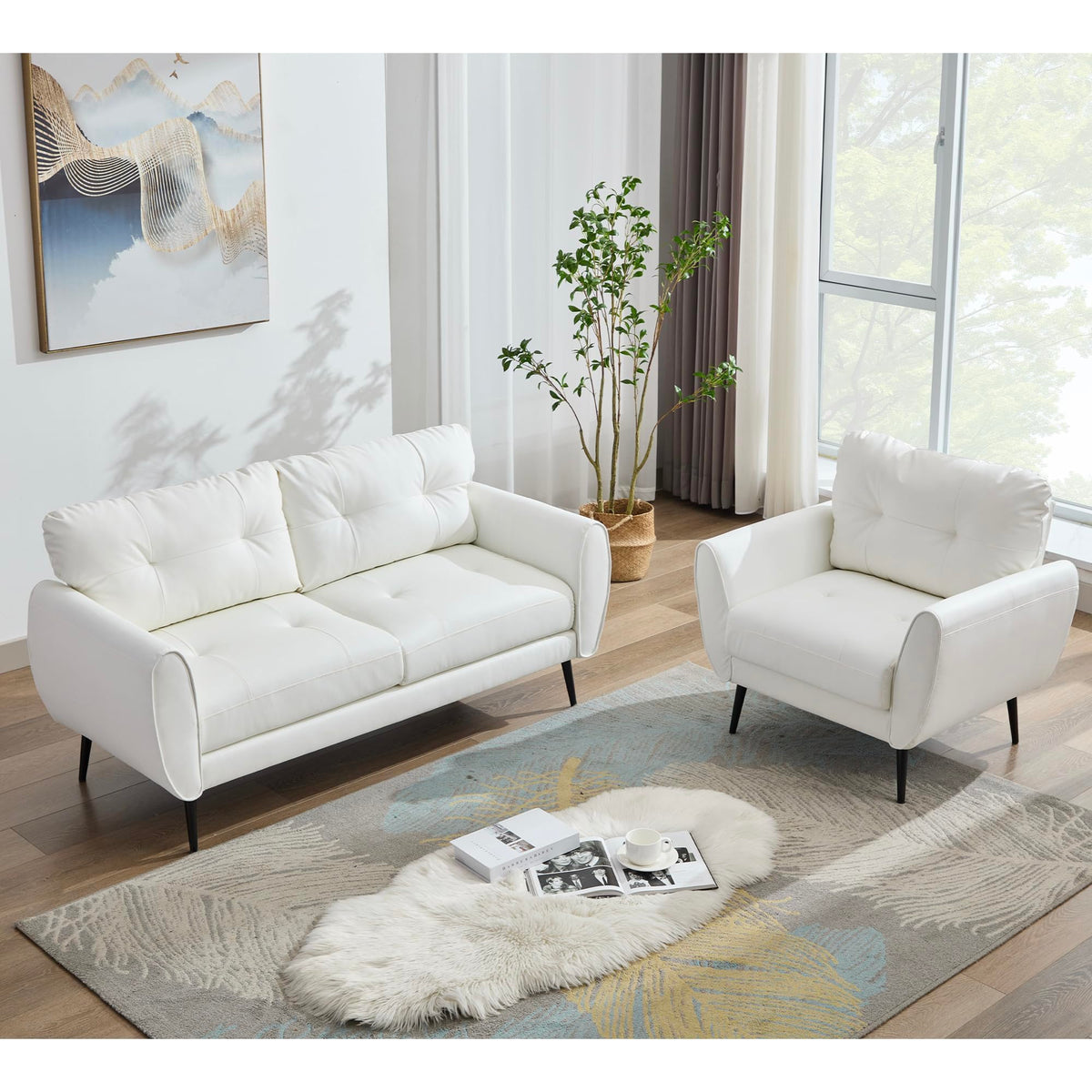 61'' Small Leather Loveseat and Chair, 3 Piece Living Room Sets, Black