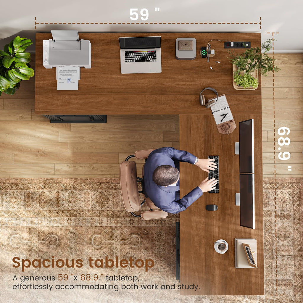 Itaar Farmhouse L Shaped Desk, Executive Computer Desk with Drawers and Storage Cabinet, Home Office Desk with File Drawer and Power Outlet, Corner Desk, Workstation for Office Home, Grey
