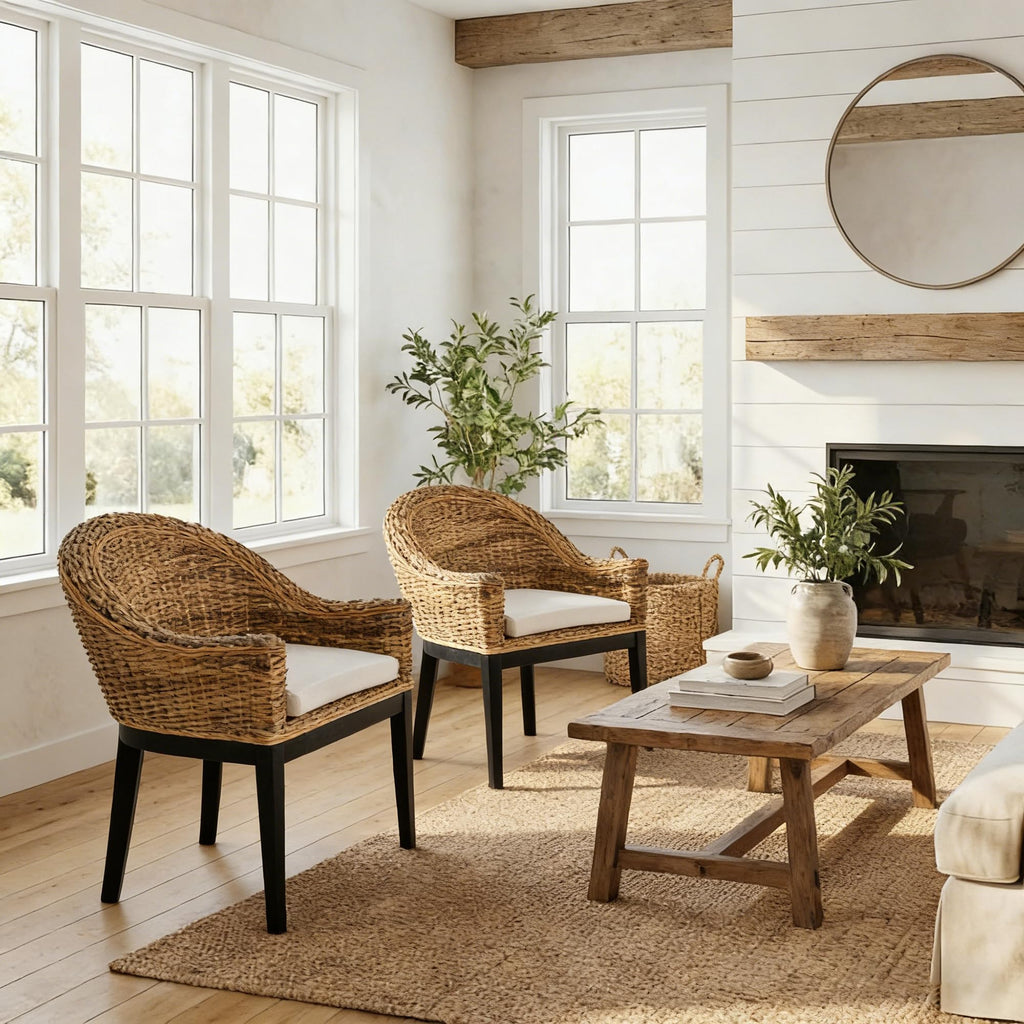 DUHOME 2 Sets Wood Rattan Arm Accent Chairs Natural Wash/White Cushion