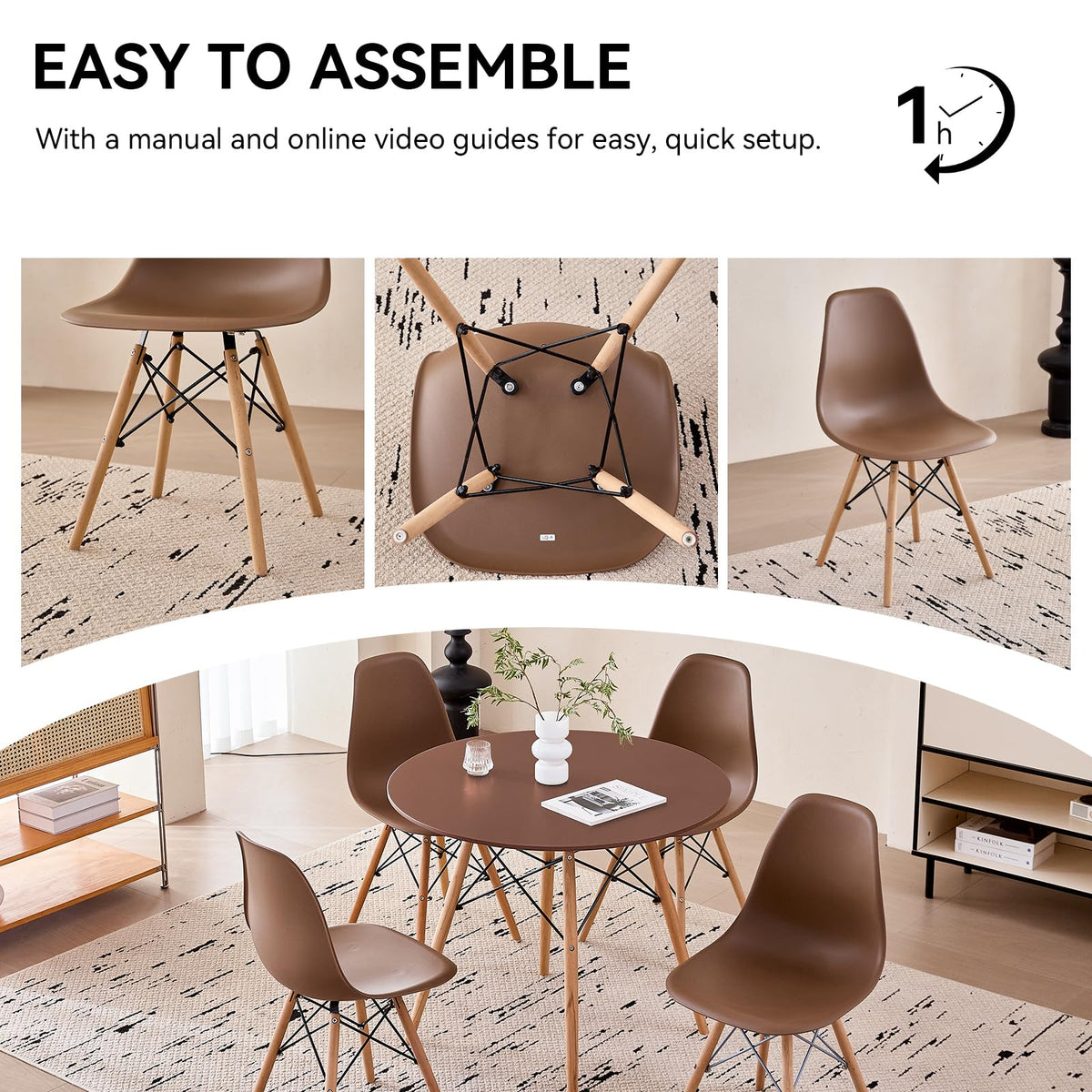 5-Piece Round Dining Set, 35.5" Black Table & Light Gray Chair