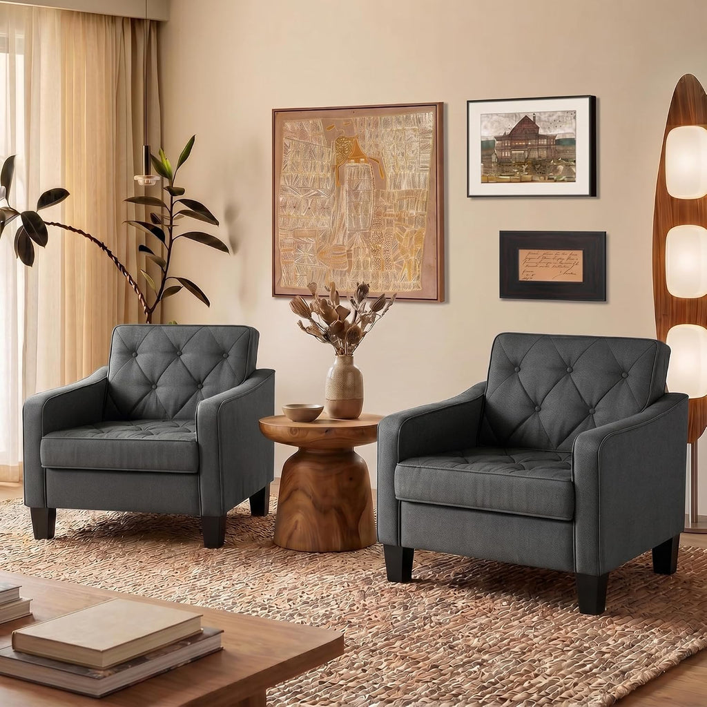 Grey Accent Chairs Set of 2, Wide Comfy Arm Chairs for Living Room, Office