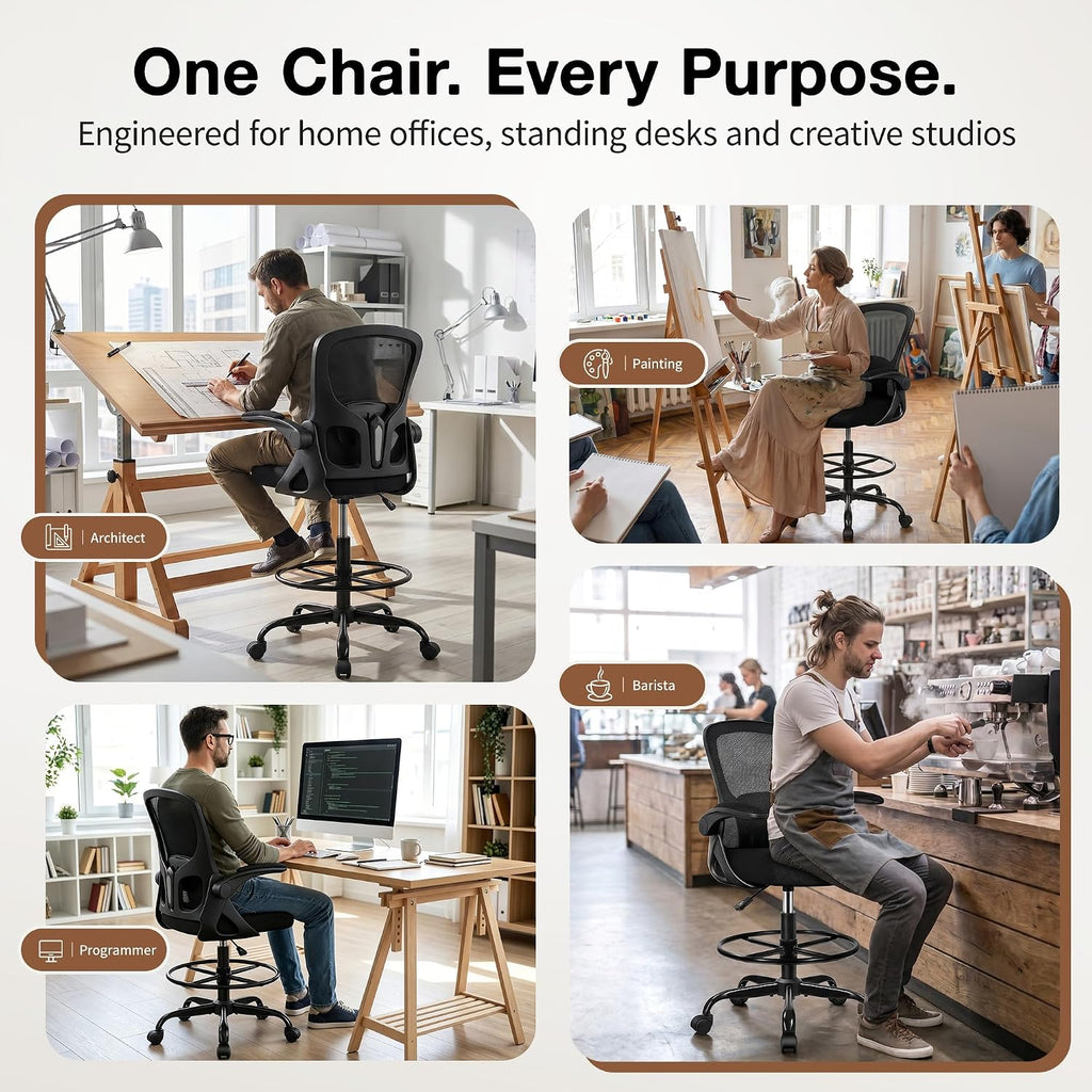 Drafting Chair, Tall Office Chair for Standing Desk with Flip-Up Armrests, Adjustable Foot Ring & Lumbar Support, Breathable Mesh High Desk Stool for Studio & Drafting Table, Black