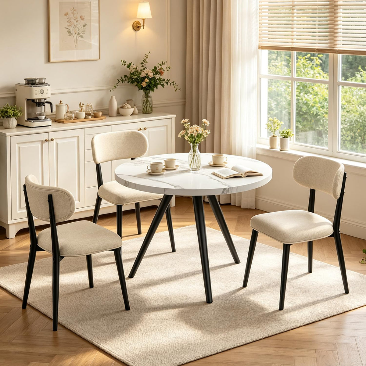 34.6" Round Dining Table Set for 4, Modern Kitchen Coffee Table Set, Walnut