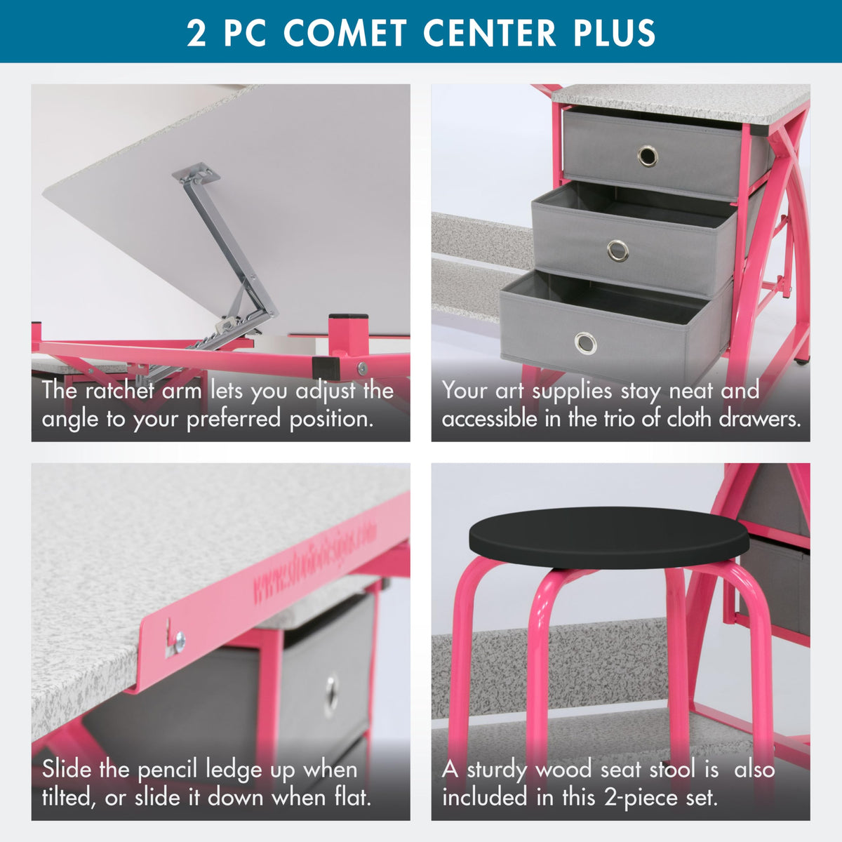 SD Studio Designs 2 Piece Comet Center Plus, Craft Table and Matching Stool Set with Storage and Adjustable Top, Silver/Black
