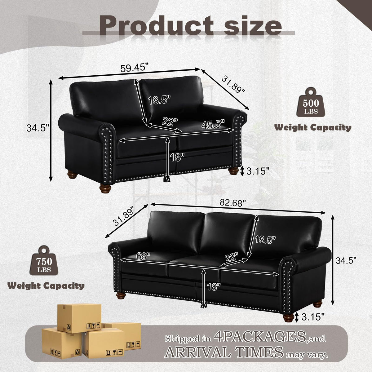 2 Piece Faux Leather Sofa Set,Modern Couch and Loveseat Sets with Storage,Mid Century Couch with Rivet Rolled Arm,Comfy Deep Seat Sofa,Furniture for Living Room,Office(Loveseat+3 Seater,Navy)