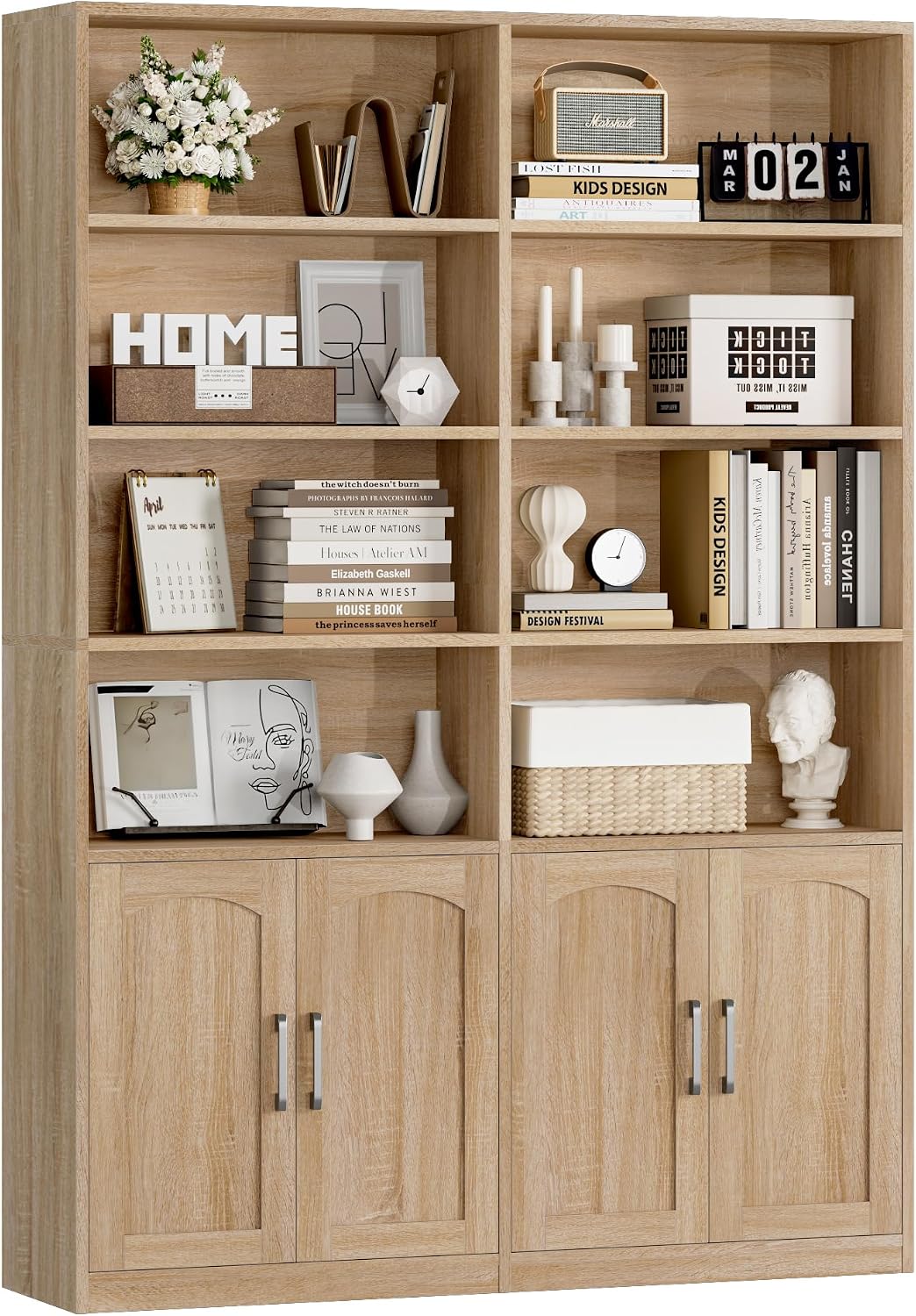 FACBOTALL Bookshelf and Bookcase with Doors, Double Wide Large Bookshelves