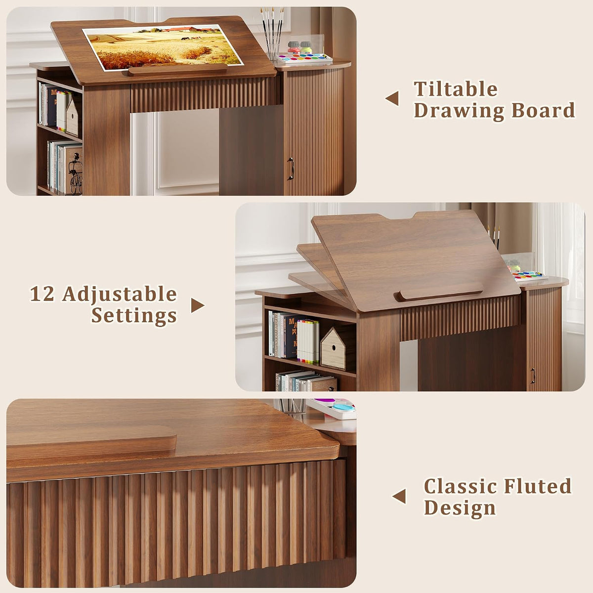 Fluted Drafting Table with Storage, Adjustable Drawing Desk (Walnut)