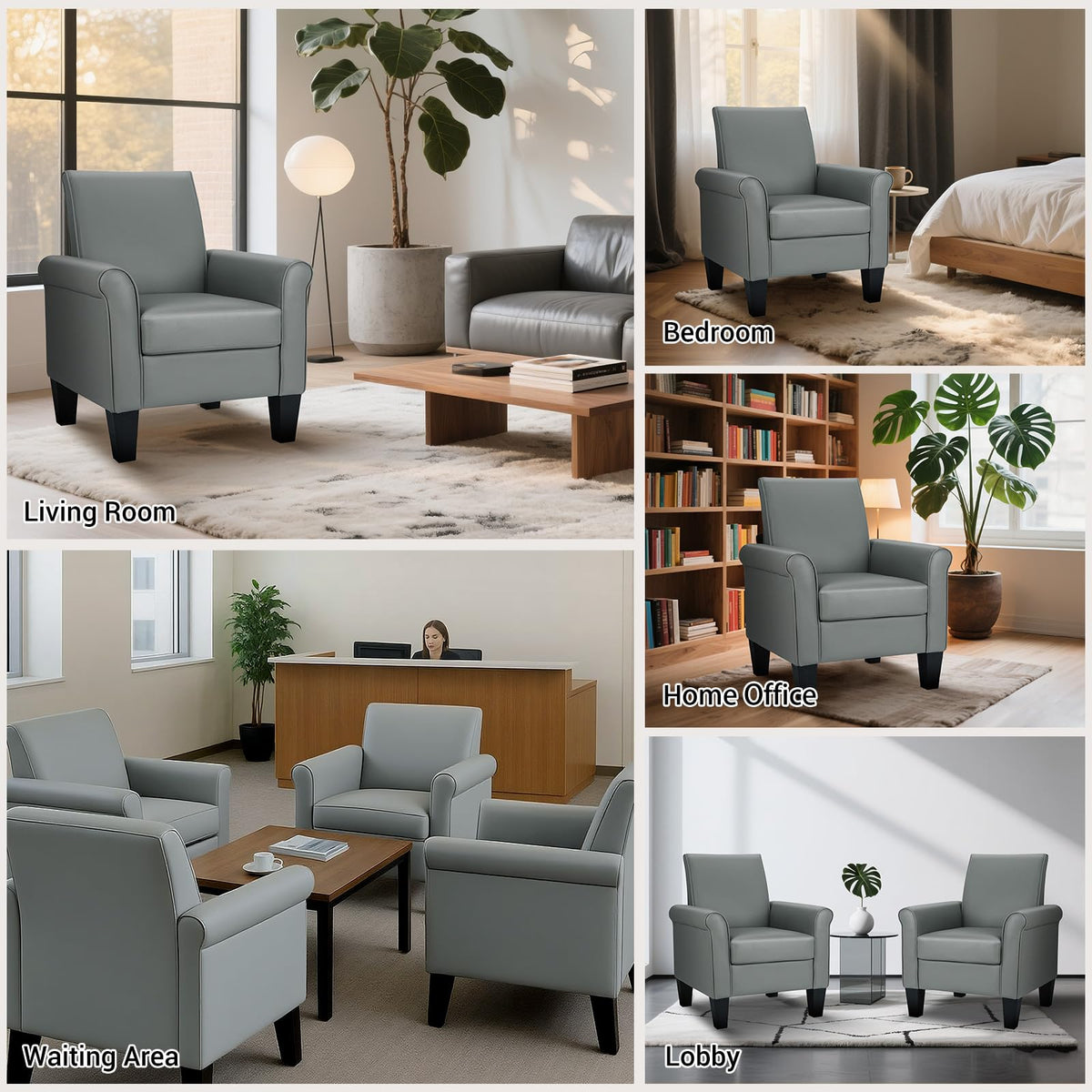 Faux Leather Accent Chair Set of 2, Mid Century Modern Living Room Chair, Upholstered Comfortable PU Leather Armchair for Bedroom, Office or Waiting Areas-Black