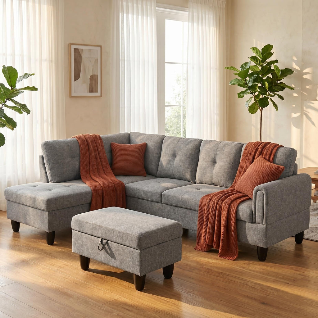 97.5" L-Shaped Modular Sectional Sofa with Movable Chaise & Storage Ottoman, 3 Piece Convertible Leather Couch, 4 Seat Gloss Black Living Room Furniture Set for Apartment Home Office