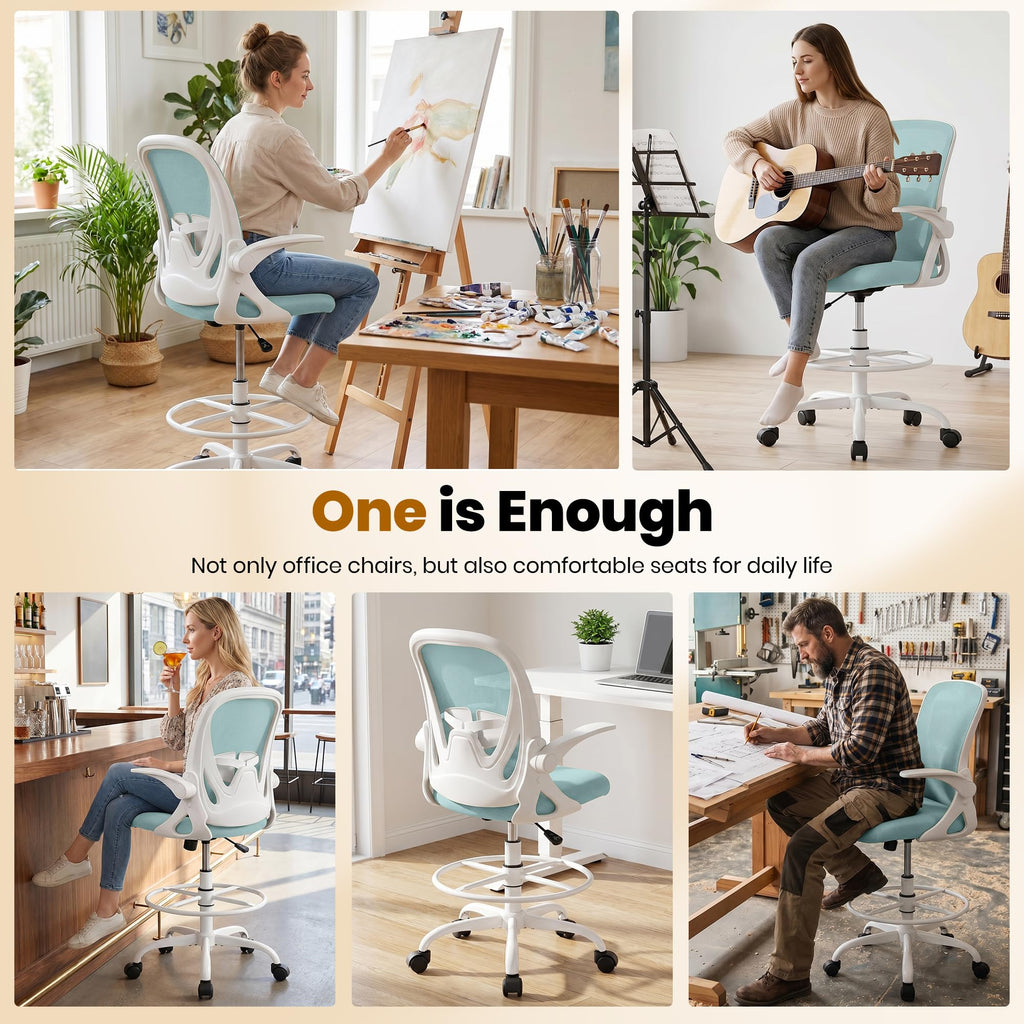 Drafting Chair Tall Office Chair with Flip-up Armrests, Adjustable Height, and Enhanced Lumbar Support - Ergonomic Rolling Stool, Back Support, and Adjustable Foot Rest Ring for Standing Desk White