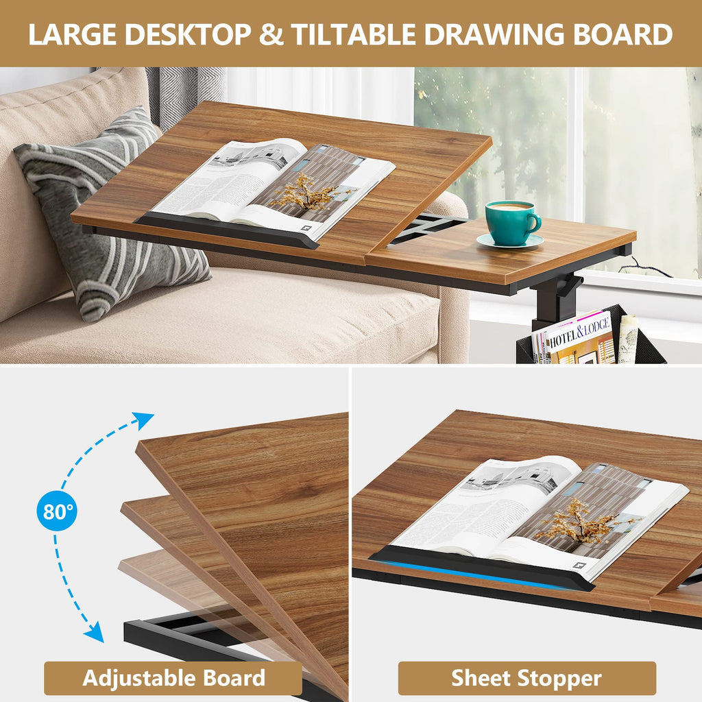 Tribesigns Height Adjustable C Shaped End Table with Wheels and Side Pocket, Mobile Sofa Snack Table with Tiltable Drawing Board, Laptop Side Tray Table for Couch Bed (Rustic Brown)