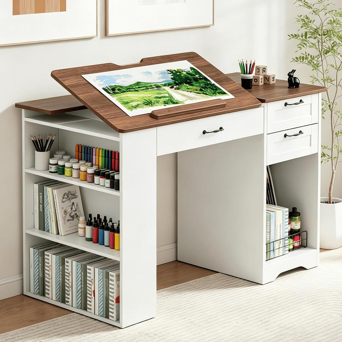 Drafting Table with Storage Cabinet & Drawers, Adjustable Drawing Table with Open Shelves, Craft Art Desk for Artists, Painters, Drawing, Crafting, Reading, Writing, Working