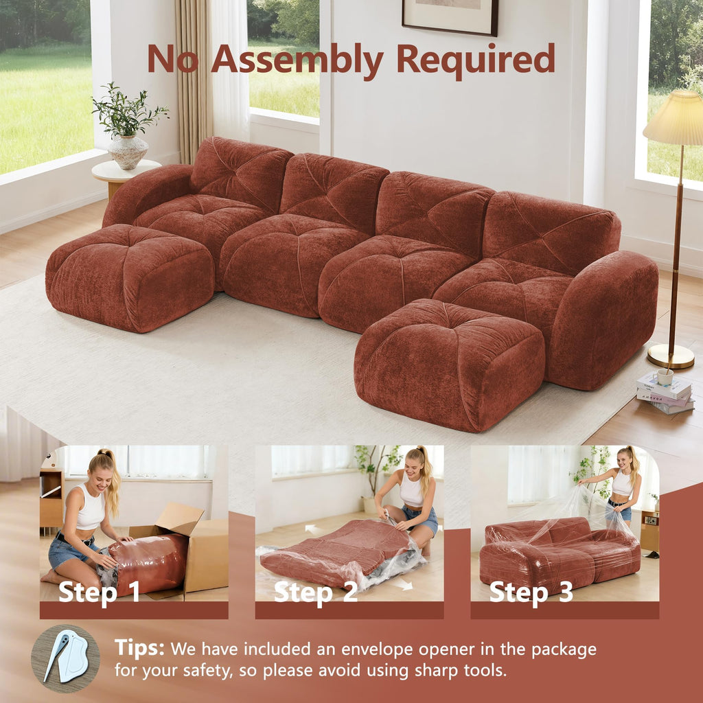 80" Sectional Modular Cloud Couch, Boneless Couch, Loveseat Red