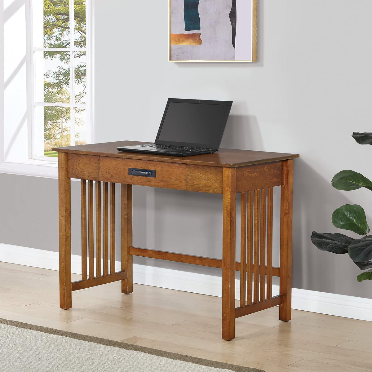 OSP Home Furnishings Sierra Writing Desk with Pull-Out Drawer and Mission Style Side Panels, Ash Brown