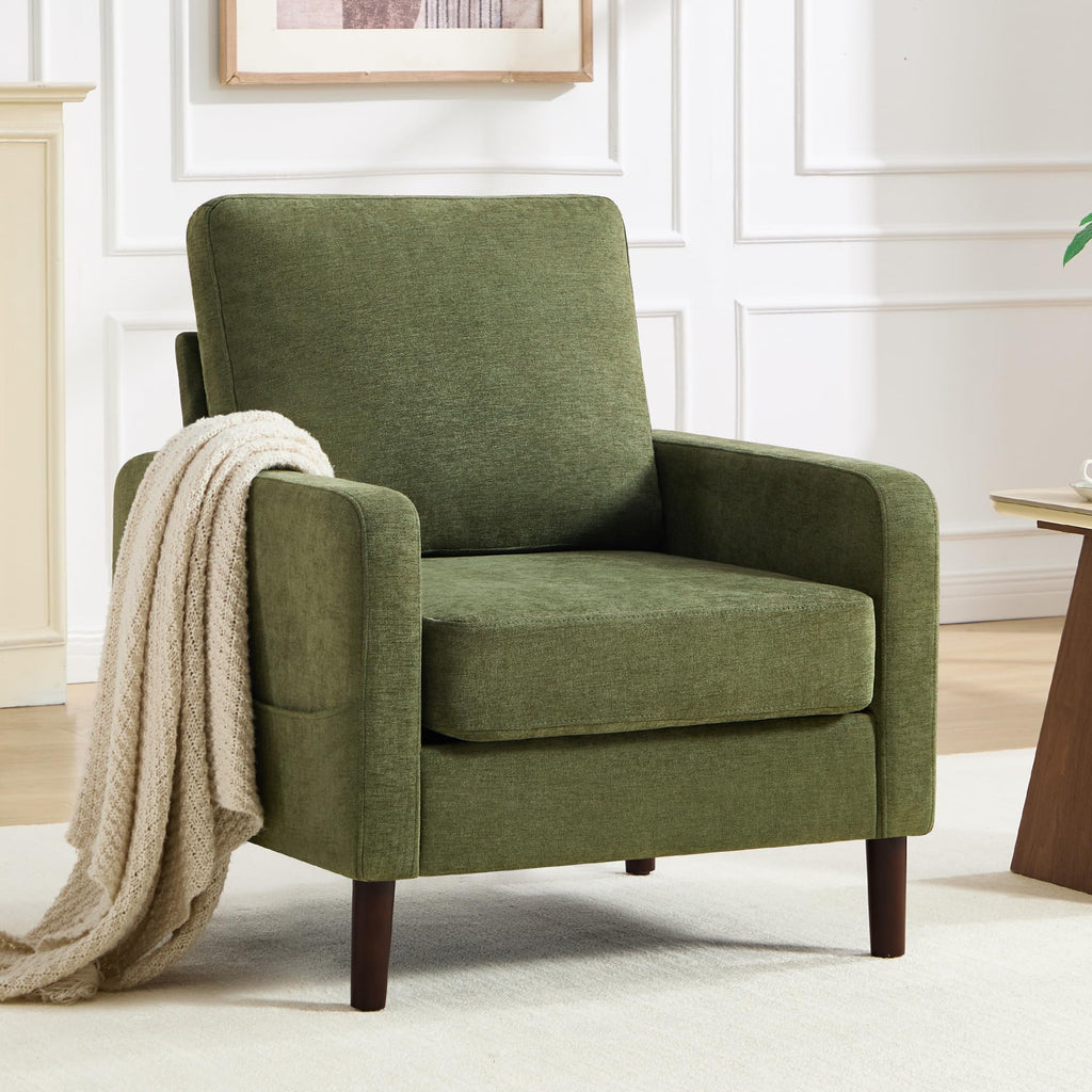 Accent Chair Set of 2, Upholstered Living Room Chairs with Wood Legs and Side Pockets, Modern Reading Chair for Bedroom, Armchair Single Sofa Side Chair for Office, Small Room, Dark Grey