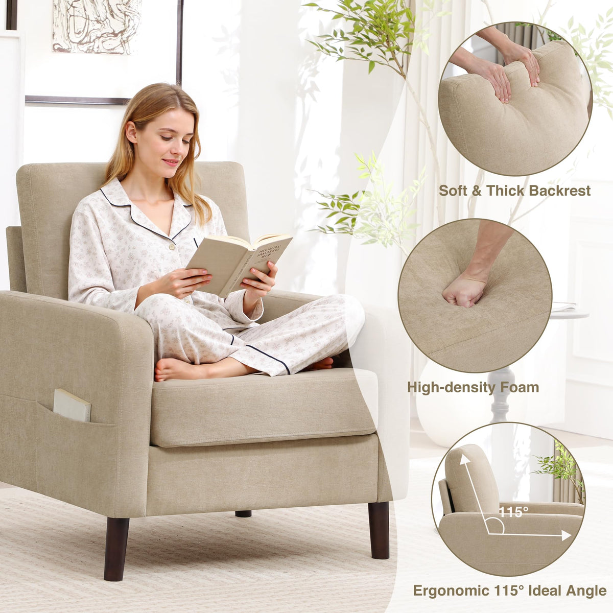 Accent Chair Set of 2, Upholstered Living Room Chairs with Wood Legs and Side Pockets, Modern Reading Chair for Bedroom, Armchair Single Sofa Side Chair for Office, Small Room, Dark Grey
