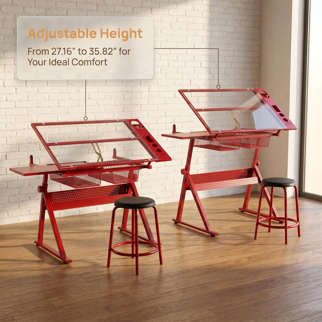 Black Drafting Table Desk w/Stool, Painting Table Art Craft Desk Crafting Table with Tilting Tempered Glass Top, 2 Storage Drawers, Height Adjustable