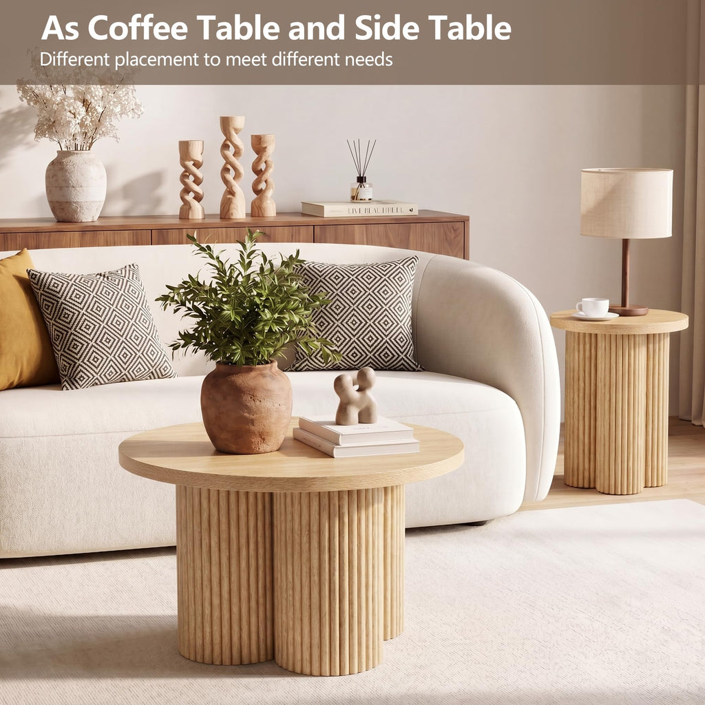 Round Nesting Coffee Table Set of 3 Fluted Coffee Table (Natural)