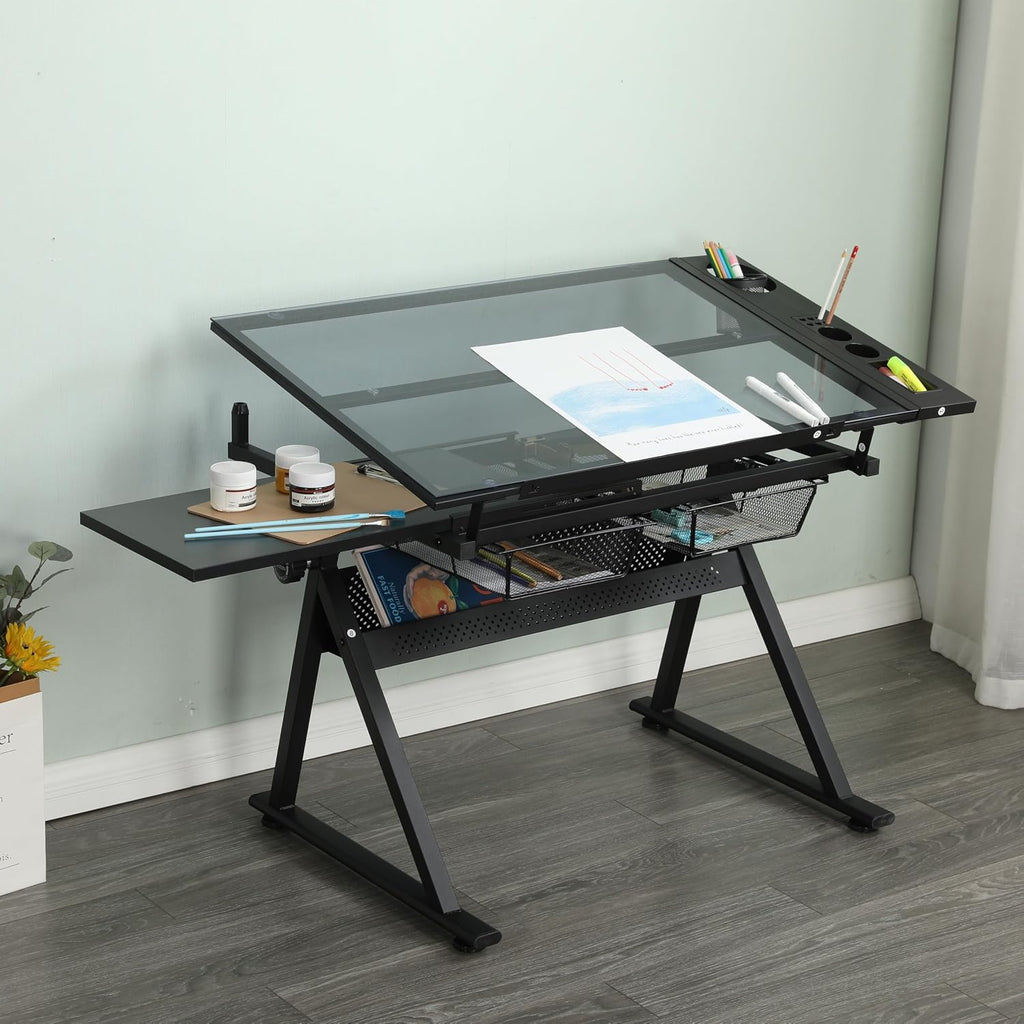 Drafting Table with Stool and Storage, Adjustable Drawing Desk with Metal Drawers, Extended Craft Table Diamond Painting Work Station, Tilting Art Desk for Home Office, Crafting & Painting, Black