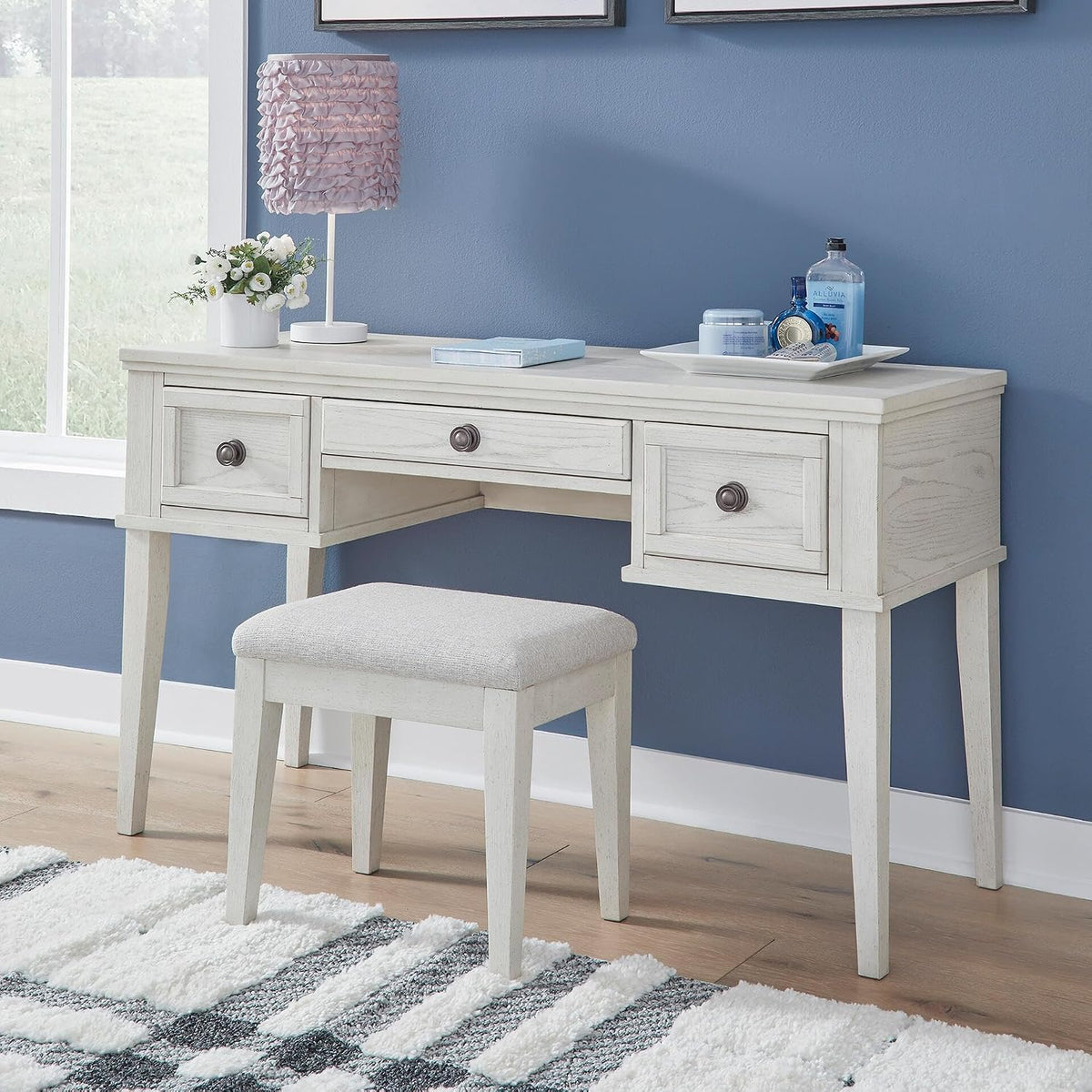 Signature Design by Ashley Makeup Vanity Desk with Stool, Antiqued White