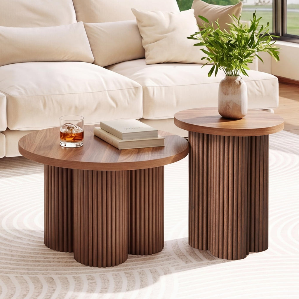 Round Nesting Coffee Table Set of 3 Fluted Coffee Table (Natural)