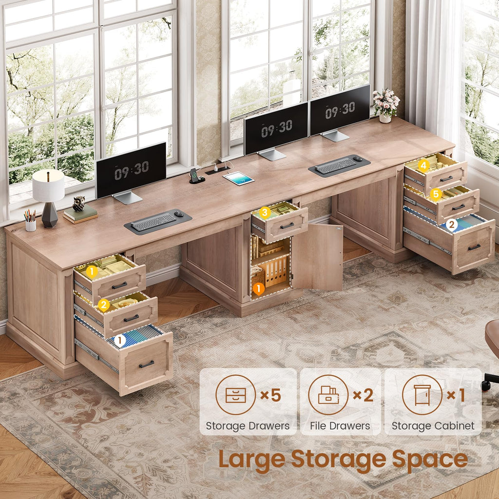 SEDETA Farmhouse 70.9" Executive Desk, Home Office Desk with File Drawers and Storage Cabinet, Computer Desk with Power Outlet for Home Office, Work Study Writing, Black+Brown