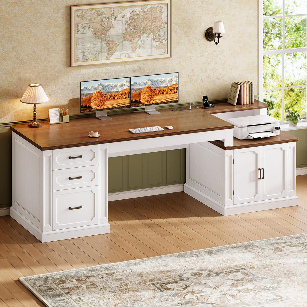 SEDETA Farmhouse 70.9" Executive Desk, Home Office Desk with File Drawers and Storage Cabinet, Computer Desk with Power Outlet for Home Office, Work Study Writing, Black+Brown