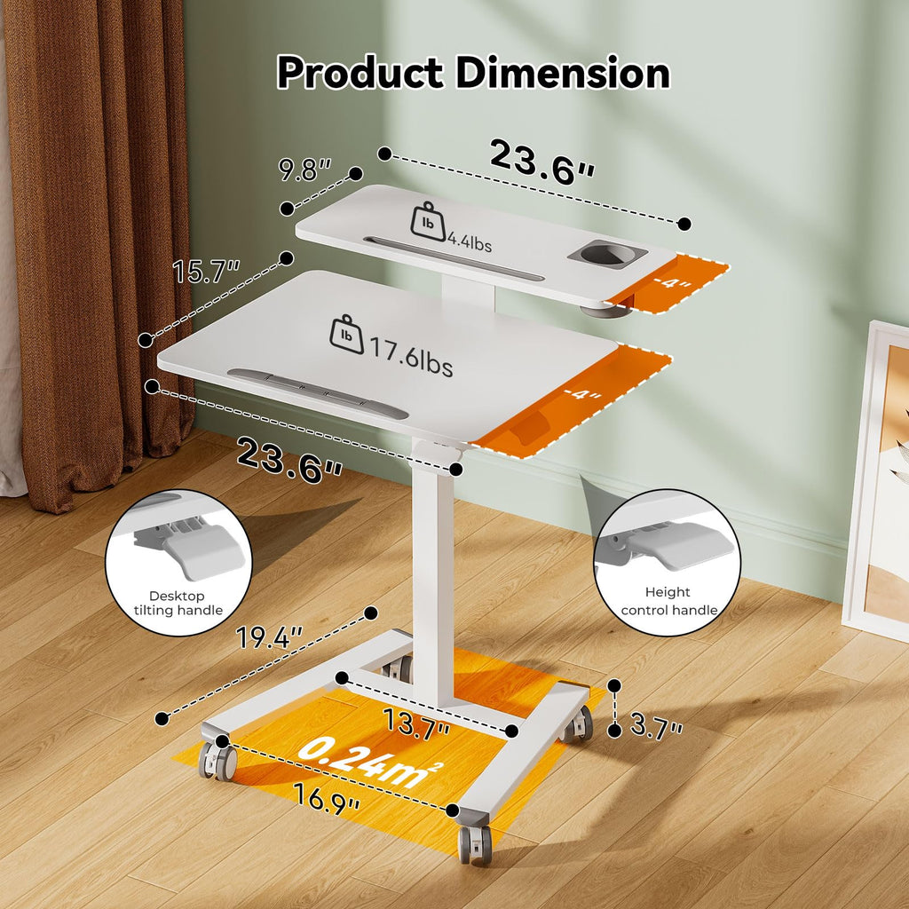 28" Mobile Standing Desk, Tiltable Top with 2-Tier Shelves, White