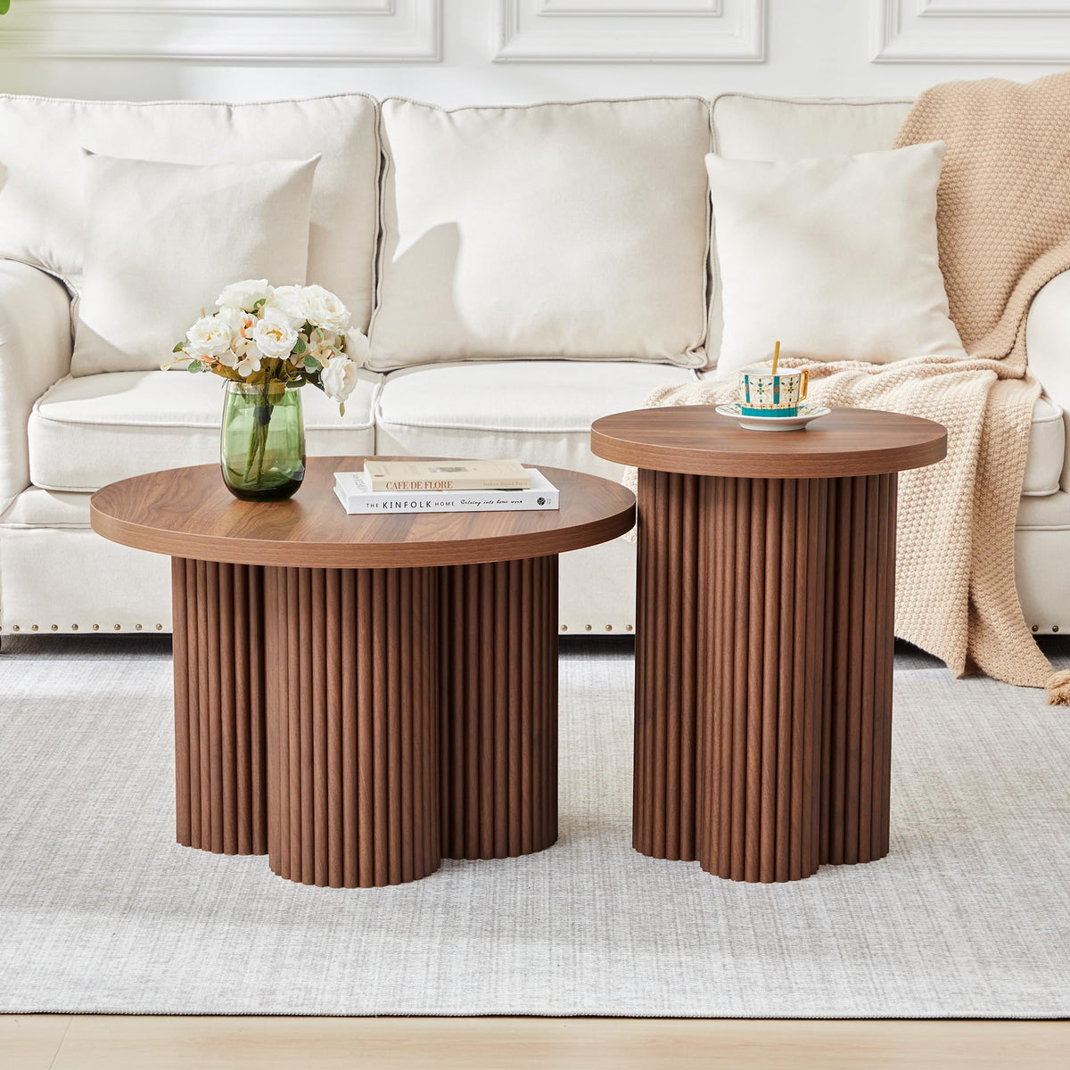 Round Nesting Coffee Table Set of 3 Fluted Coffee Table (Natural)