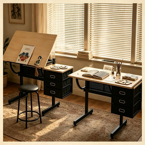 0â75Â° Tilting Drawing Desk, Adjustable Drafting Table with 3 Fabric Storage Drawers,Art Desk with Maple Wood Top & Heavy-Duty Steel Frame for Painting, Sketching, Drafting & Home Office