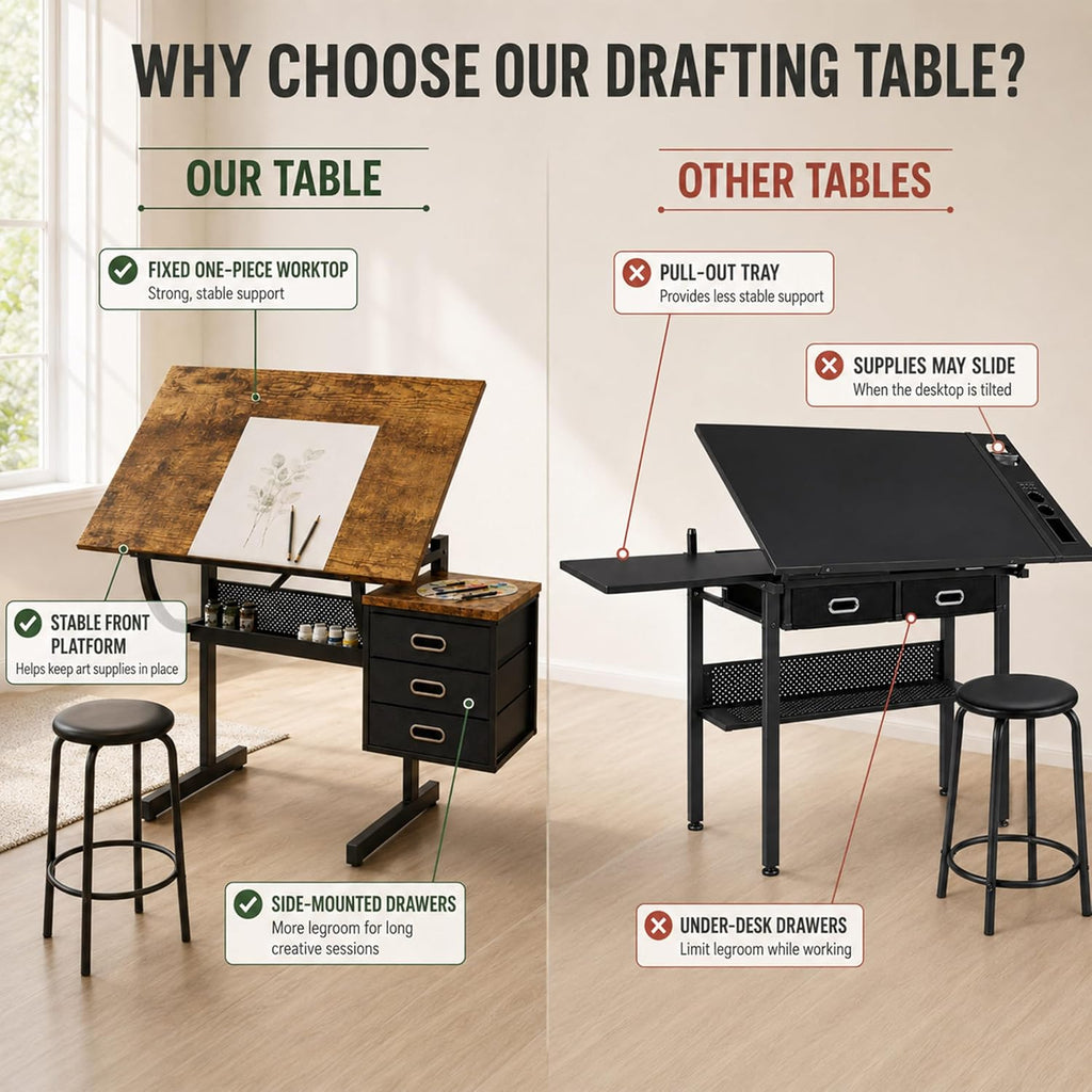Artist Desks, Drafting Table with Stool & 3 Storage Drawersï¼Black
