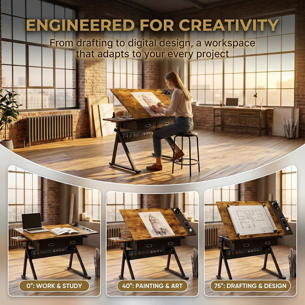 Height Adjustable Drafting Table w/Stool, Painting Table Art Craft Desk Crafting Drawing Desk with Tilting Tabletop, 2 Storage Drawers for Artist Painters (Rustic Brown)