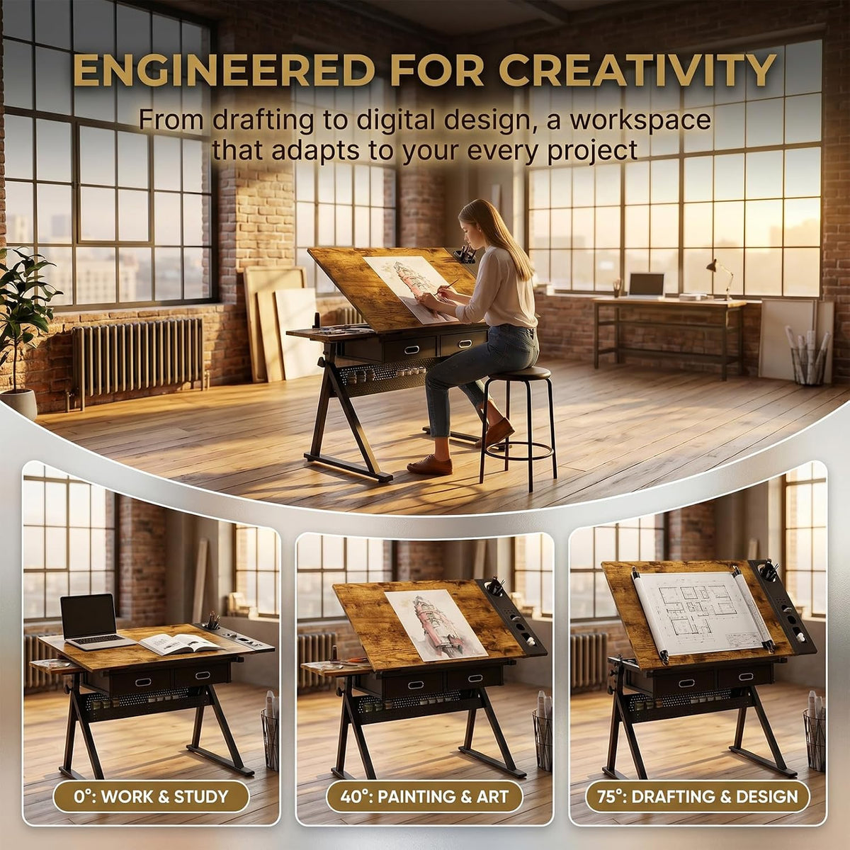 Height Adjustable Drafting Table w/Stool, Painting Table Art Craft Desk Crafting Drawing Desk with Tilting Tabletop, 2 Storage Drawers for Artist Painters (Rustic Brown)