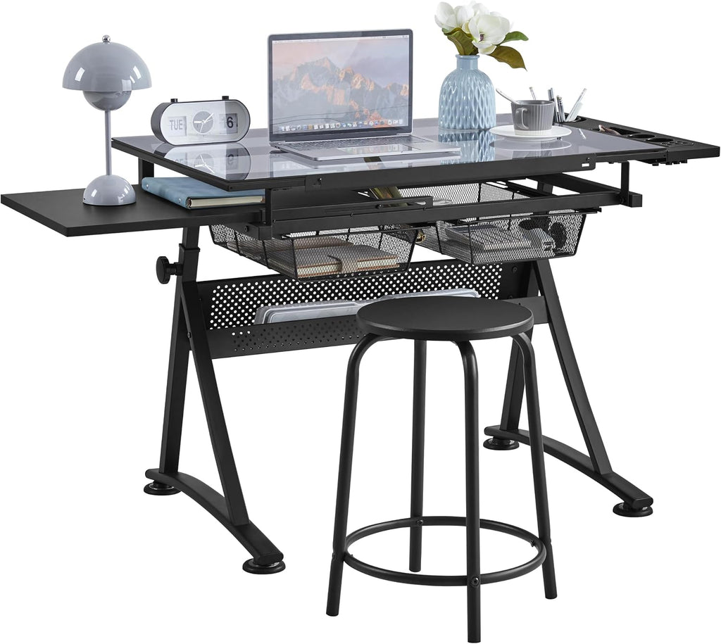 Yaheetech Adjustable Drafting Table & Stool, Tilting Glass Art Desk, Black