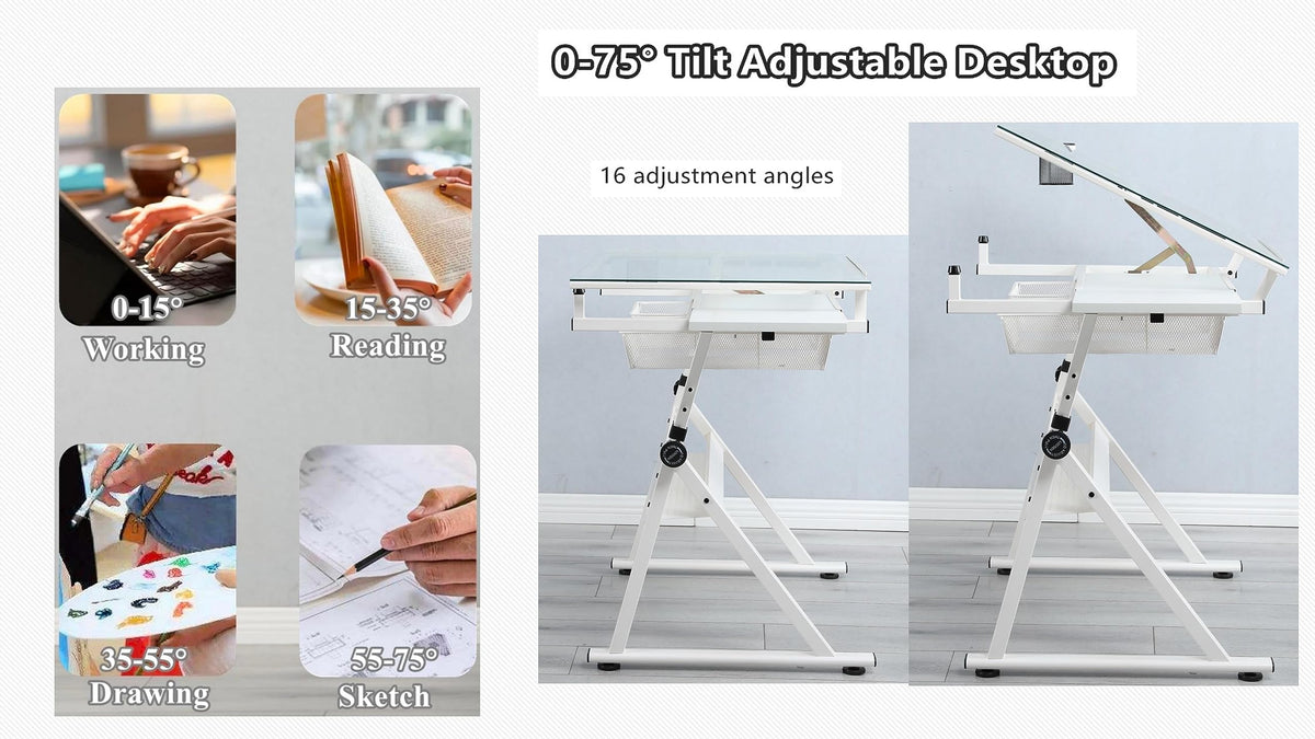 Glass Drafting Table Art Desk â Adjustable Professhional Artwork Drawing Drafting Table Desk, Glass-Topped Art Table for Craft Station Studio Home Office School w/Drawers (Black)