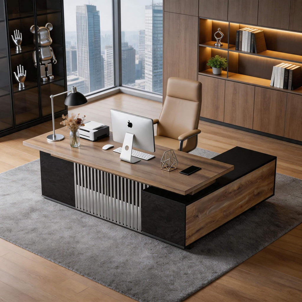 78.7 Inch Large Executive Desk with Drawers Cabinet, L Shaped Office Desk, Computer Desk with Universal Charging Ports and Cable Management for Business Furniture Set Workstation for Home Office
