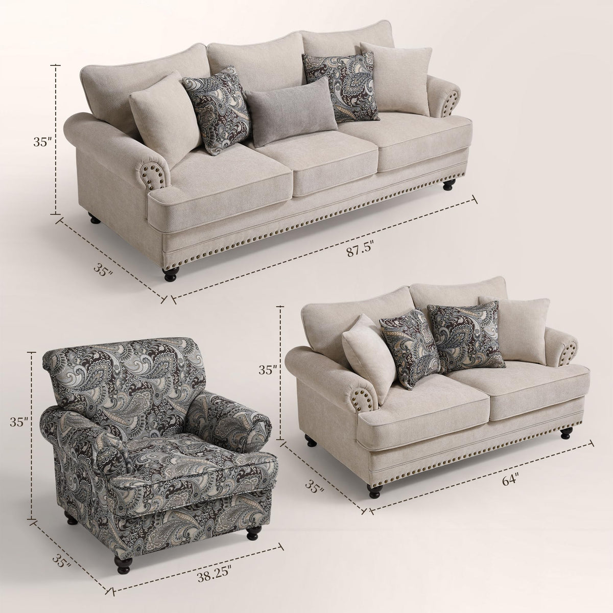 Modern Farmhouse Loveseat Sofa, Chenille Upholstery with Nailhead Trim, Small Couch for Living Room, Bedroom, Office, or Apartment, Includes 4 Accent Pillows