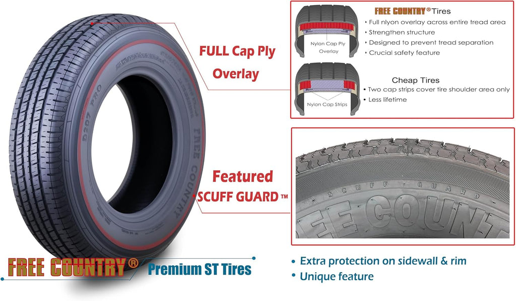 FREE COUNTRY Trailer Tire ST225/75R15 Radial 10PR LR E 117N w/Scuff Guard