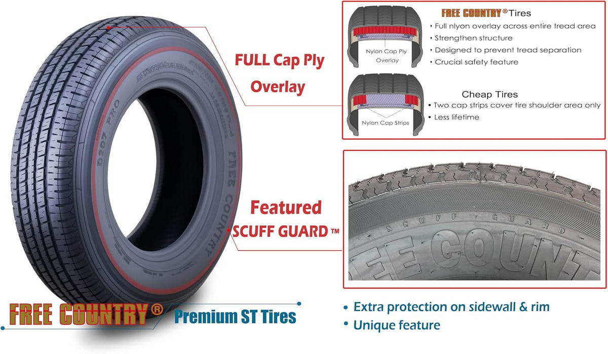 Free Country HD Trailer Tires ST205/75R15 10PR LRE 111N w/Scuff Guard, Set4