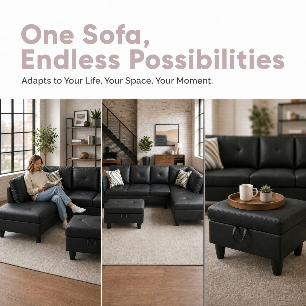 97.5" Leather L Shaped Couch with Left Chaise & Cup Holder, Sectional Sofas Modular Furniture Set with Storage Ottoman, Convertible Couches for Living Room, Office & Small Space (Black)