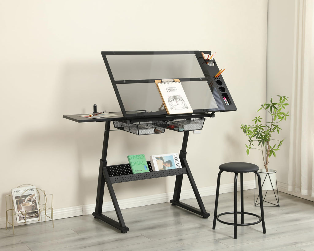 Drafting Table with Storage and Stool, Glass Art Desk for Adults Adjustable Height with 2 Metal Drawers, Craft Drawing Table Artist Desk with Extra Desktop for Reading/Writing/Studying (Black)